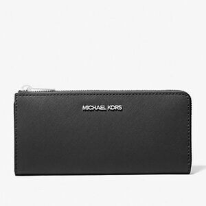 New Michael Kors Jet Set Travel Large Leather Quarter-Zip Wallet Black / Silver